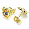 Oro Laminado Stud Earring, Gold Filled Style Heart Design, with Multicolor Micro Pave, Polished, Golden Finish, 02.210.0420.1