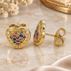 Oro Laminado Stud Earring, Gold Filled Style Heart Design, with Multicolor Micro Pave, Polished, Golden Finish, 02.210.0420.1