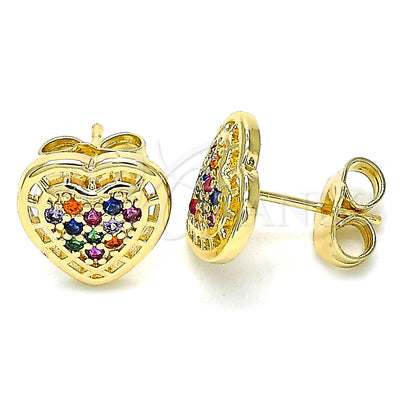 Oro Laminado Stud Earring, Gold Filled Style Heart Design, with Multicolor Micro Pave, Polished, Golden Finish for wholesale, main product view