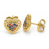 Oro Laminado Stud Earring, Gold Filled Style Heart Design, with Multicolor Micro Pave, Polished, Golden Finish, 02.210.0420.1