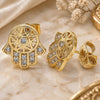 Oro Laminado Stud Earring, Gold Filled Style Hand of God and Judaica Design, with White Micro Pave, Polished, Golden Finish, 02.210.0421