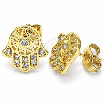 Oro Laminado Stud Earring, Gold Filled Style Hand of God and Judaica Design, with White Micro Pave, Polished, Golden Finish, 02.210.0421