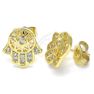 Oro Laminado Stud Earring, Gold Filled Style Hand of God and Judaica Design, with White Micro Pave, Polished, Golden Finish, 02.210.0421