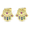 Oro Laminado Stud Earring, Gold Filled Style Hand of God Design, with Multicolor Micro Pave, Polished, Golden Finish, 02.210.0421.1