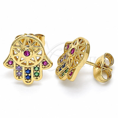 Oro Laminado Stud Earring, Gold Filled Style Hand of God and Judaica Design, with Multicolor Micro Pave, Polished, Golden Finish, 02.210.0421.1