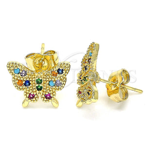 Oro Laminado Stud Earring, Gold Filled Style Butterfly Design, with Multicolor Cubic Zirconia, Polished, Golden Finish, 02.210.0423.1