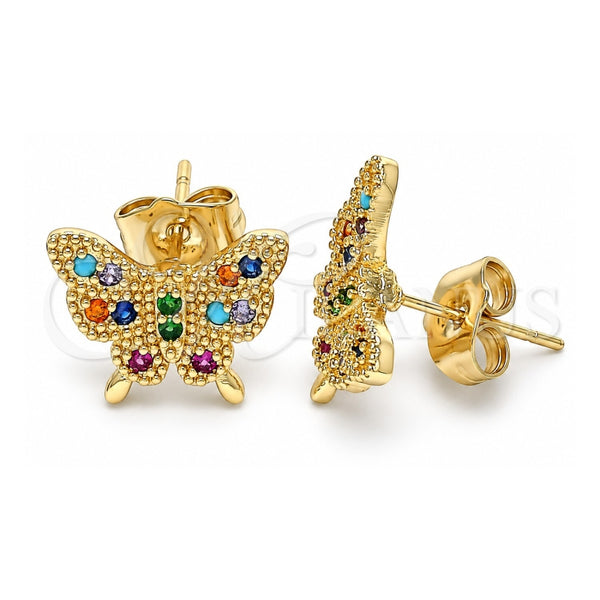 Oro Laminado Stud Earring, Gold Filled Style Butterfly Design, with Multicolor Cubic Zirconia, Polished, Golden Finish, 02.210.0423.1