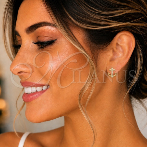 Oro Laminado Stud Earring, Gold Filled Style Anchor Design, with White Micro Pave, Polished, Golden Finish, 02.210.0424