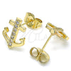 Oro Laminado Stud Earring, Gold Filled Style Anchor Design, with White Micro Pave, Polished, Golden Finish, 02.210.0424