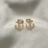 Oro Laminado Stud Earring, Gold Filled Style Anchor Design, with White Micro Pave, Polished, Golden Finish, 02.210.0424