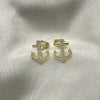Oro Laminado Stud Earring, Gold Filled Style Anchor Design, with White Micro Pave, Polished, Golden Finish, 02.210.0424