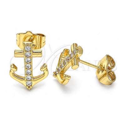 Oro Laminado Stud Earring, Gold Filled Style Anchor Design, with White Micro Pave, Polished, Golden Finish, 02.210.0424