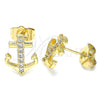 Oro Laminado Stud Earring, Gold Filled Style Anchor Design, with White Micro Pave, Polished, Golden Finish, 02.210.0424
