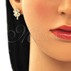 Oro Laminado Stud Earring, Gold Filled Style Four-leaf Clover Design, with White Micro Pave, Polished, Golden Finish, 02.210.0426