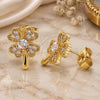 Oro Laminado Stud Earring, Gold Filled Style Four-leaf Clover Design, with White Micro Pave, Polished, Golden Finish, 02.210.0426