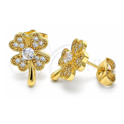 Oro Laminado Stud Earring, Gold Filled Style Four-leaf Clover Design, with White Micro Pave, Polished, Golden Finish, 02.210.0426