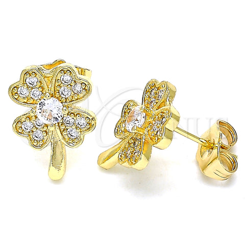 Oro Laminado Stud Earring, Gold Filled Style Four-leaf Clover Design, with White Micro Pave, Polished, Golden Finish, 02.210.0426