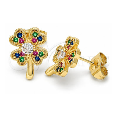 Oro Laminado Stud Earring, Gold Filled Style Four-leaf Clover Design, with Multicolor Micro Pave, Polished, Golden Finish, 02.210.0426.1