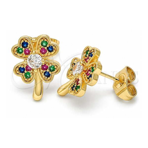 Oro Laminado Stud Earring, Gold Filled Style Four-leaf Clover Design, with Multicolor Micro Pave, Polished, Golden Finish, 02.210.0426.1