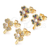 Oro Laminado Stud Earring, Gold Filled Style Four-leaf Clover Design, with Multicolor Micro Pave, Polished, Golden Finish, 02.210.0426.1