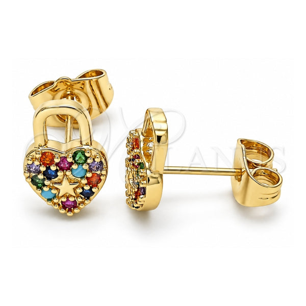 Oro Laminado Stud Earring, Gold Filled Style Lock and Heart Design, with Multicolor Micro Pave, Polished, Golden Finish, 02.210.0428.1