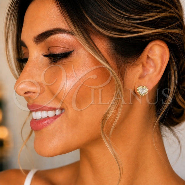 Oro Laminado Stud Earring, Gold Filled Style Heart Design, with White Micro Pave, Polished, Golden Finish, 02.210.0429