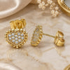 Oro Laminado Stud Earring, Gold Filled Style Heart Design, with White Micro Pave, Polished, Golden Finish, 02.210.0429