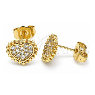 Oro Laminado Stud Earring, Gold Filled Style Heart Design, with White Micro Pave, Polished, Golden Finish, 02.210.0429