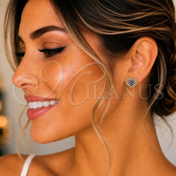 Oro Laminado Stud Earring, Gold Filled Style Heart Design, with Multicolor Micro Pave, Polished, Golden Finish, 02.210.0429.1