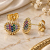 Oro Laminado Stud Earring, Gold Filled Style Heart Design, with Multicolor Micro Pave, Polished, Golden Finish, 02.210.0429.1