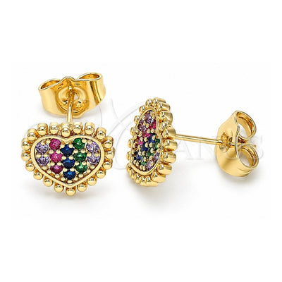Oro Laminado Stud Earring, Gold Filled Style Heart Design, with Multicolor Micro Pave, Polished, Golden Finish, 02.210.0429.1