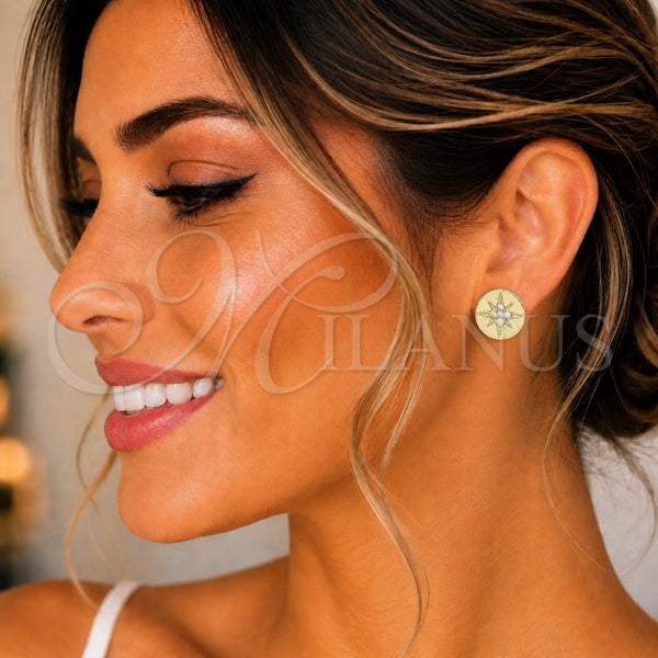 Oro Laminado Stud Earring, Gold Filled Style with White Micro Pave, Polished, Golden Finish, 02.210.0430