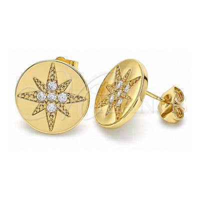 Oro Laminado Stud Earring, Gold Filled Style with White Micro Pave, Polished, Golden Finish, 02.210.0430
