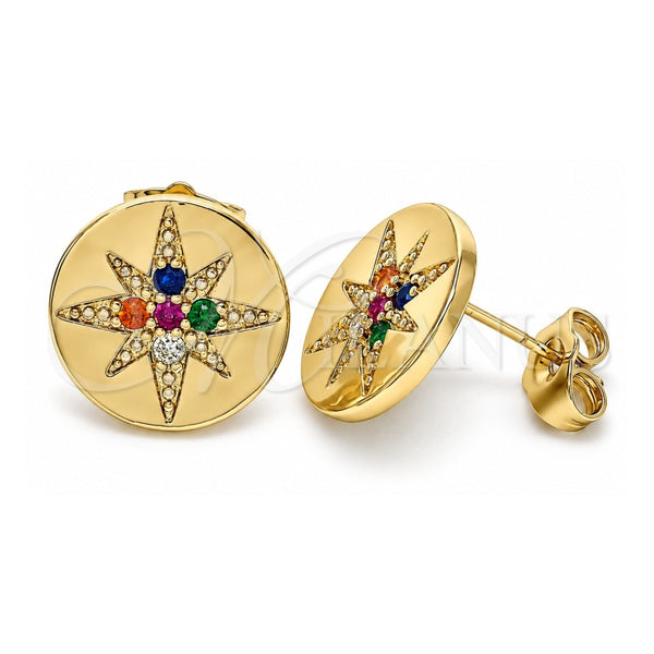 Oro Laminado Stud Earring, Gold Filled Style with Multicolor Micro Pave, Polished, Golden Finish, 02.210.0430.1