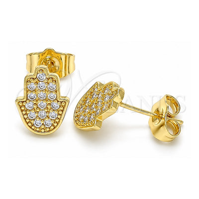 Oro Laminado Stud Earring, Gold Filled Style Hand of God and Judaica Design, with White Micro Pave, Polished, Golden Finish, 02.210.0431