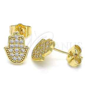 Oro Laminado Stud Earring, Gold Filled Style Hand of God and Judaica Design, with White Micro Pave, Polished, Golden Finish, 02.210.0431