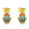 Oro Laminado Stud Earring, Gold Filled Style Hand of God Design, with Multicolor Micro Pave, Polished, Golden Finish, 02.210.0431.1