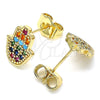 Oro Laminado Stud Earring, Gold Filled Style Hand of God and Judaica Design, with Multicolor Micro Pave, Polished, Golden Finish, 02.210.0431.1