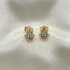 Oro Laminado Stud Earring, Gold Filled Style Hand of God and Judaica Design, with Multicolor Micro Pave, Polished, Golden Finish, 02.210.0431.1