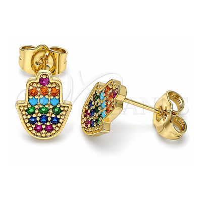 Oro Laminado Stud Earring, Gold Filled Style Hand of God and Judaica Design, with Multicolor Micro Pave, Polished, Golden Finish, 02.210.0431.1