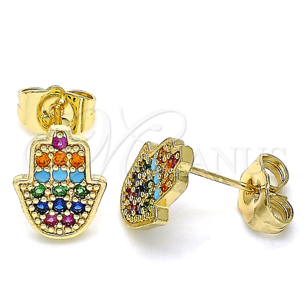 Oro Laminado Stud Earring, Gold Filled Style Hand of God and Judaica Design, with Multicolor Micro Pave, Polished, Golden Finish, 02.210.0431.1