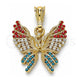 Oro Laminado Fancy Pendant, Gold Filled Style Butterfly Design, with Multicolor Crystal, Polished, Golden Finish, 05.351.0124