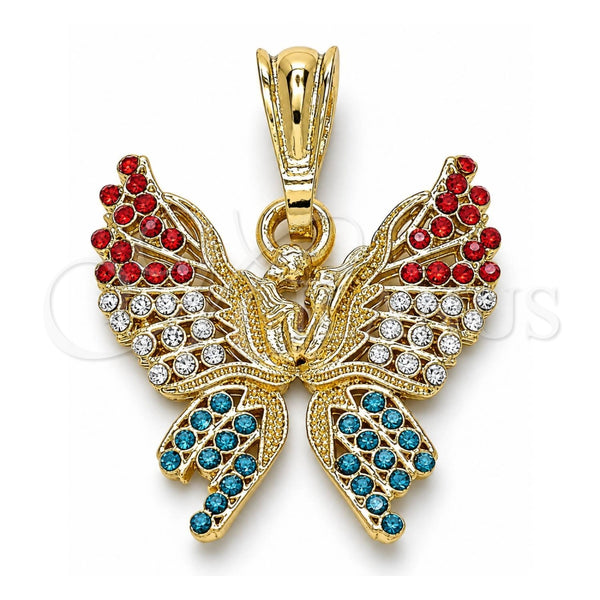 Oro Laminado Fancy Pendant, Gold Filled Style Butterfly Design, with Multicolor Crystal, Polished, Golden Finish, 05.351.0124