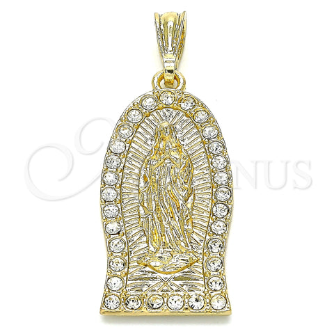 Oro Laminado Religious Pendant, Gold Filled Style Guadalupe Design, with White Crystal, Polished, Golden Finish, 05.351.0125