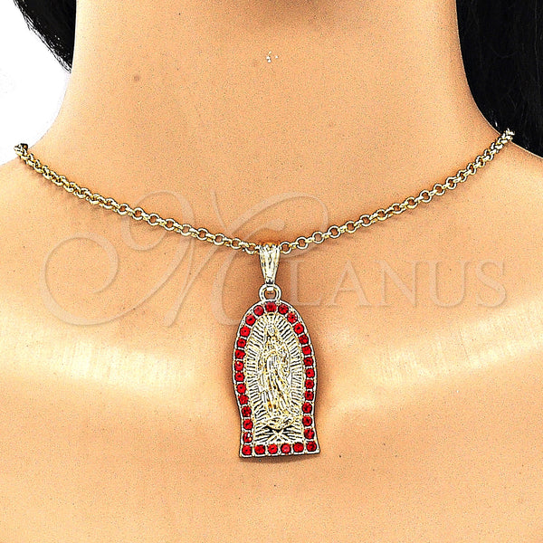 Gold Filled Pendant — Religious Pendant Guadalupe Design with Garnet Crystal Polished — alternate product view — SKU 135181 | Oro Laminado dije — Religious Pendant Guadalupe diseño with Garnet cristal pulido — SKU 135181