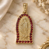 Oro Laminado Religious Pendant, Gold Filled Style Guadalupe Design, with Garnet Crystal, Polished, Golden Finish, 05.351.0125.1