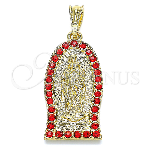 Gold Filled Pendant — Religious Pendant Guadalupe Design with Garnet Crystal Polished — main product view — SKU 135181 | Oro Laminado dije — Religious Pendant Guadalupe diseño with Garnet cristal pulido — SKU 135181