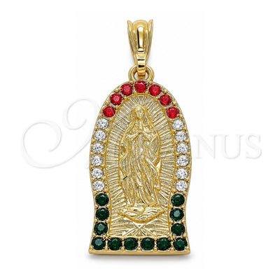 Oro Laminado Religious Pendant, Gold Filled Style Guadalupe Design, with Multicolor Crystal, Polished, Golden Finish, 05.351.0125.2