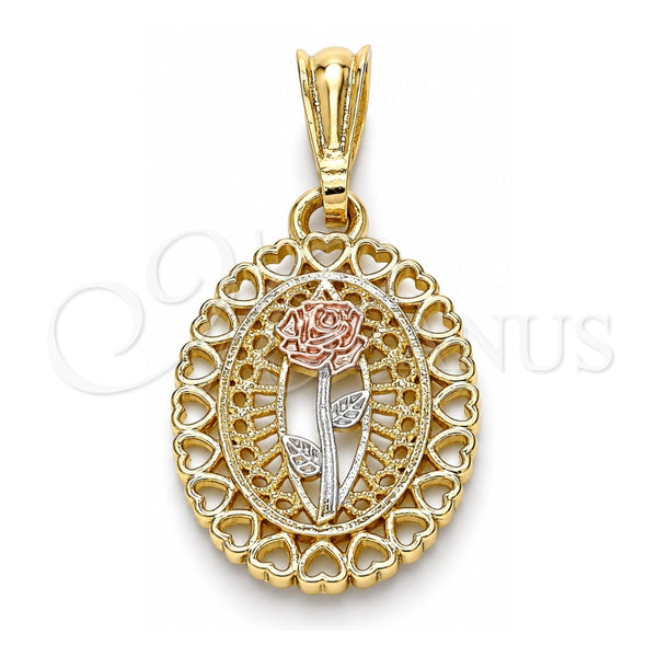 Oro Laminado Fancy Pendant, Gold Filled Style Flower and Heart Design, Polished, Tricolor, 05.351.0131