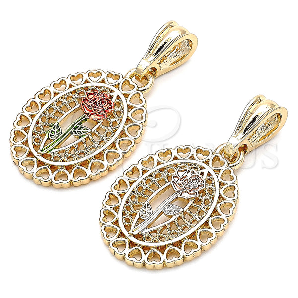Gold Filled Pendant — Fancy Pendant Flower and Heart Design Polished Tricolor — main product view — SKU 135191 | Oro Laminado dije — elegante Pendant flor and corazón diseño pulido Tricolor — SKU 135191